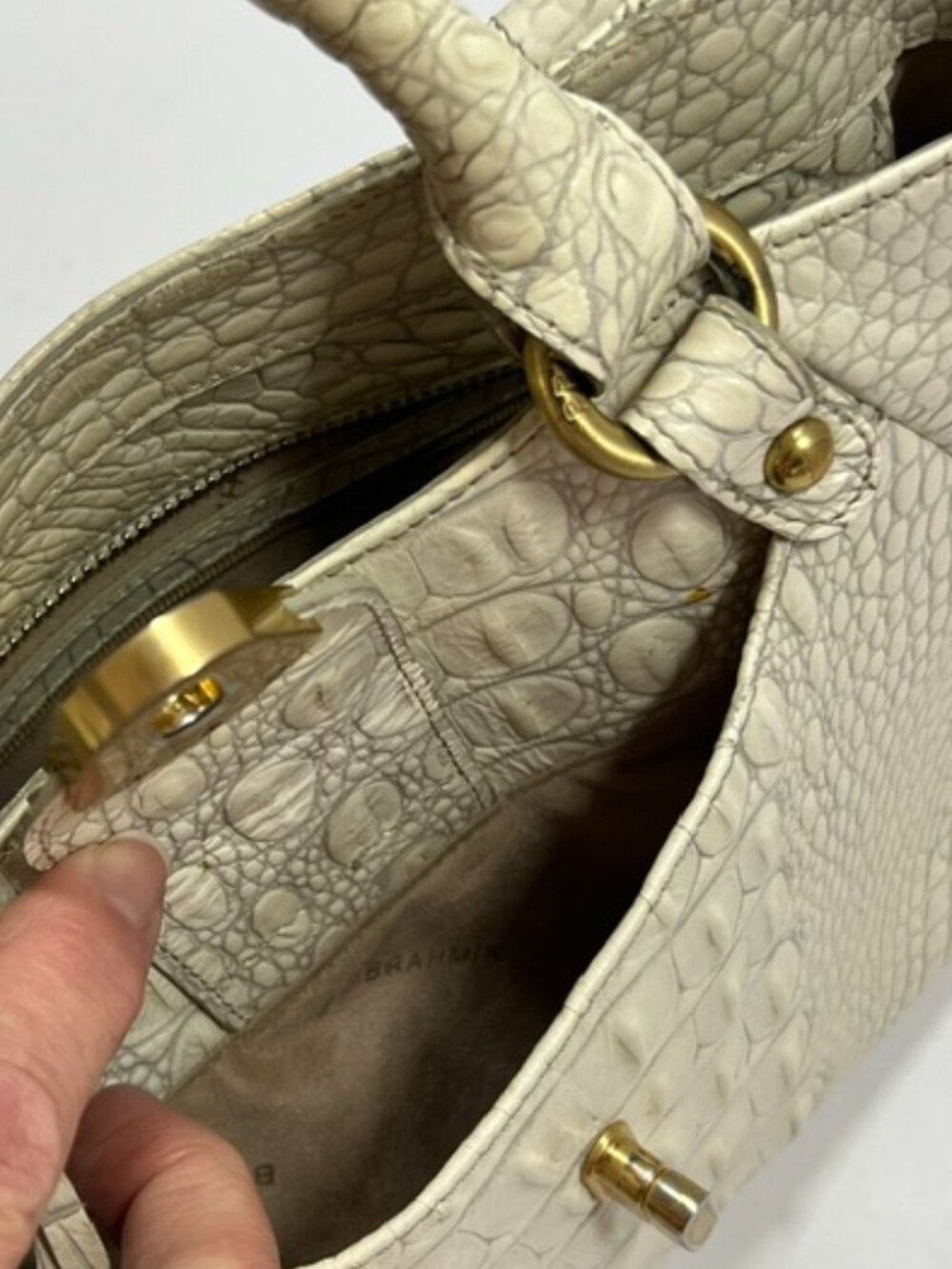 Brahmin Melbourne Croc-Embossed Leather Satchel Vanilla Beige w/Gold Hardware - Picture 11 of 13